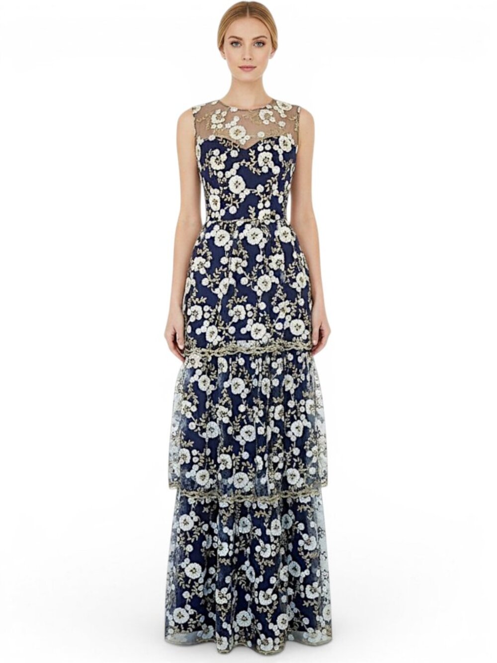 Lotus Threads Navy Gold Lace Floral Embroidered Tiered Dress Gown NWT New 6